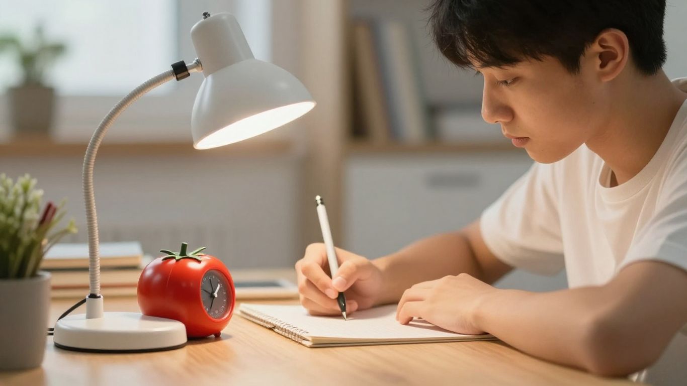 Student using Pomodoro timer for med school study.