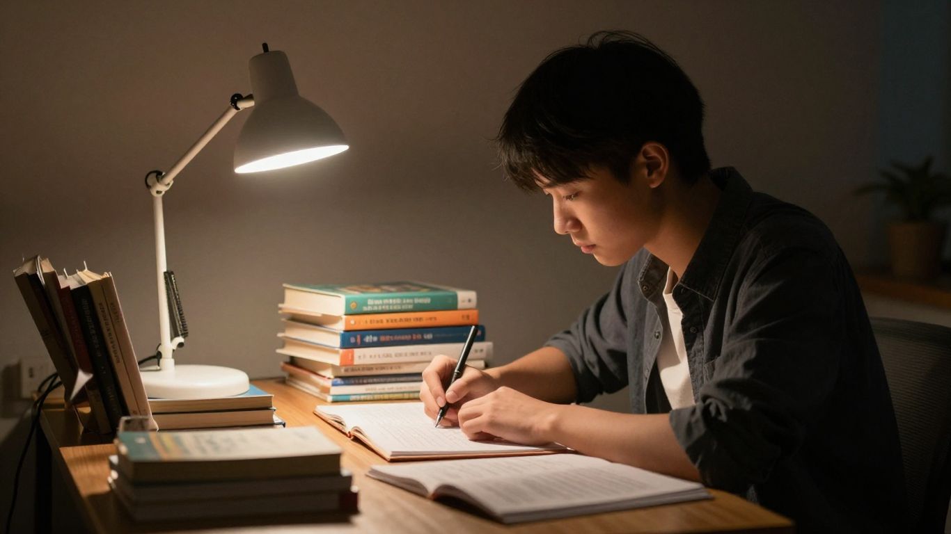 Student studying late at night with books and lamp.