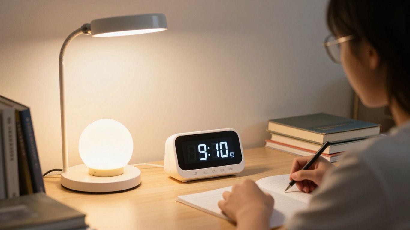 Student studying with a digital timer.