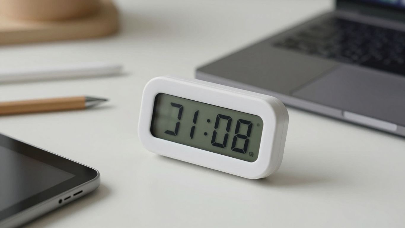 Desk with timer and design tools for productivity.