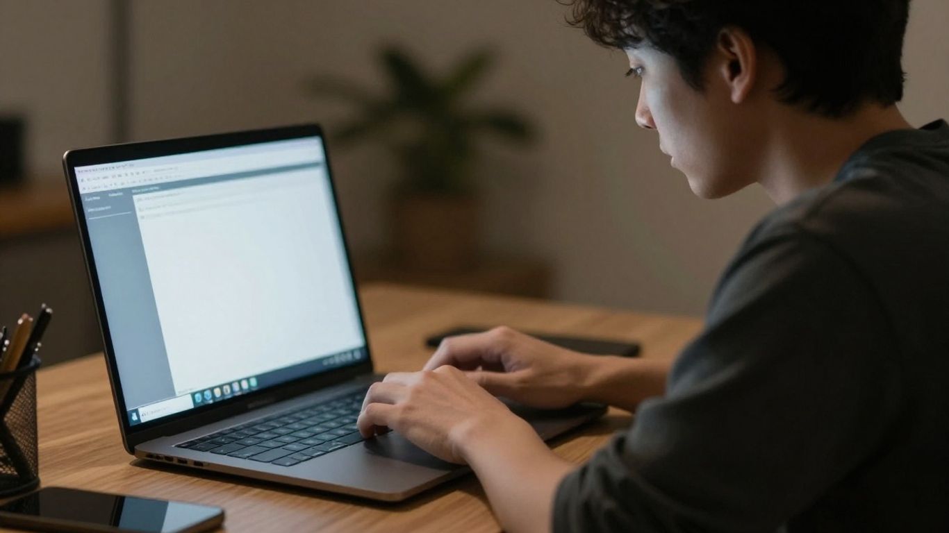Person focused on laptop between meetings for productivity.