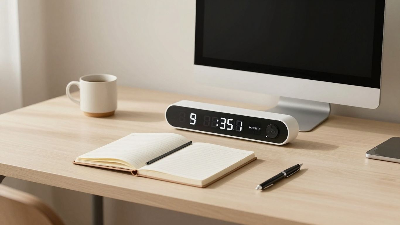 Minimalist Pomodoro timer on a clean desk.