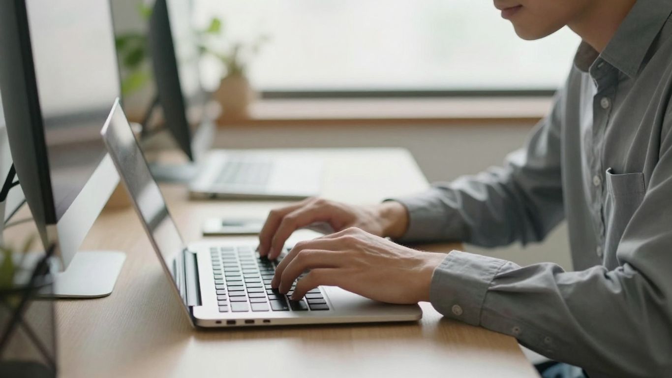 Person working with intense focus at a clean desk.