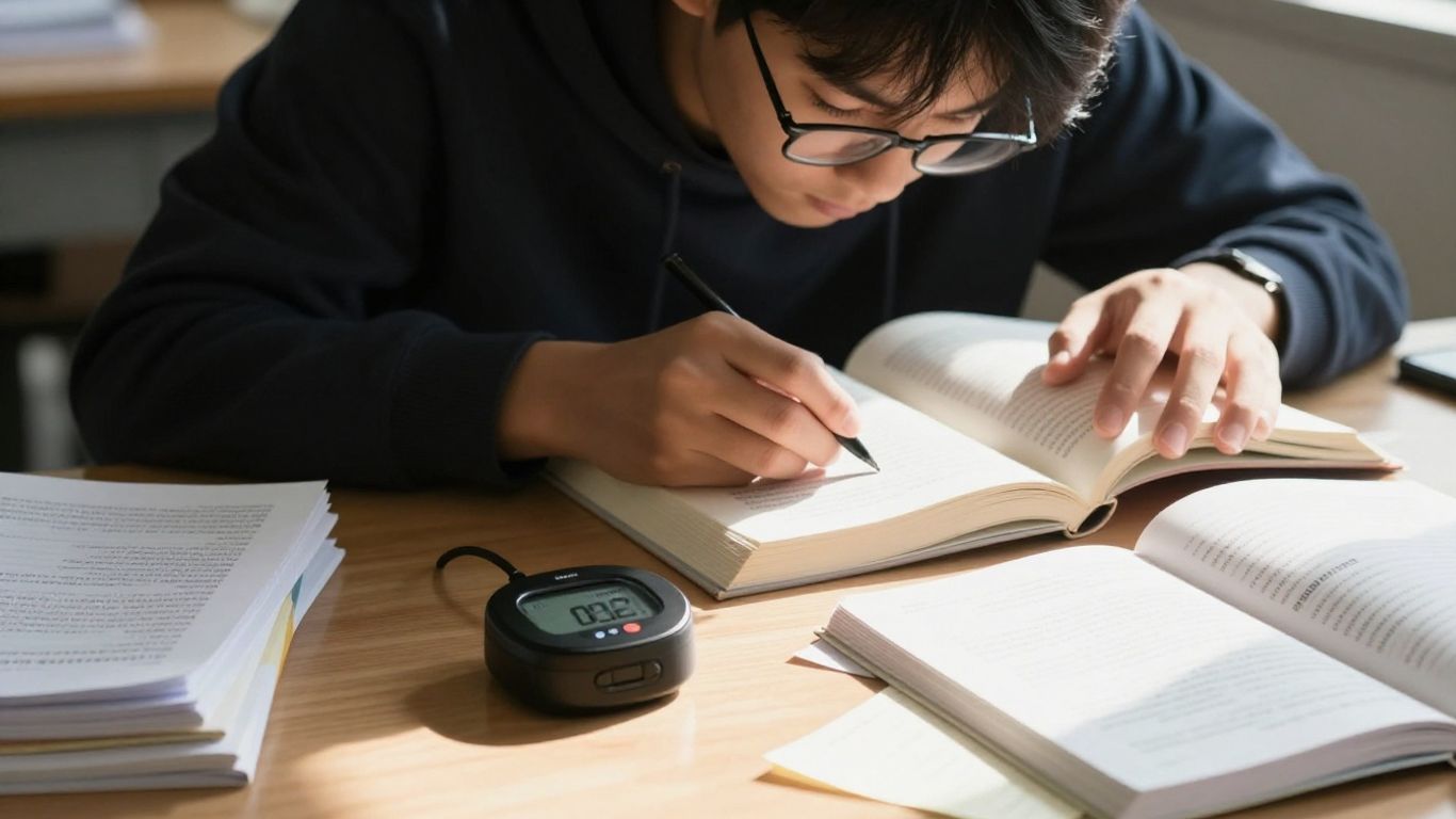 Student studying with a timer, books, and notes.